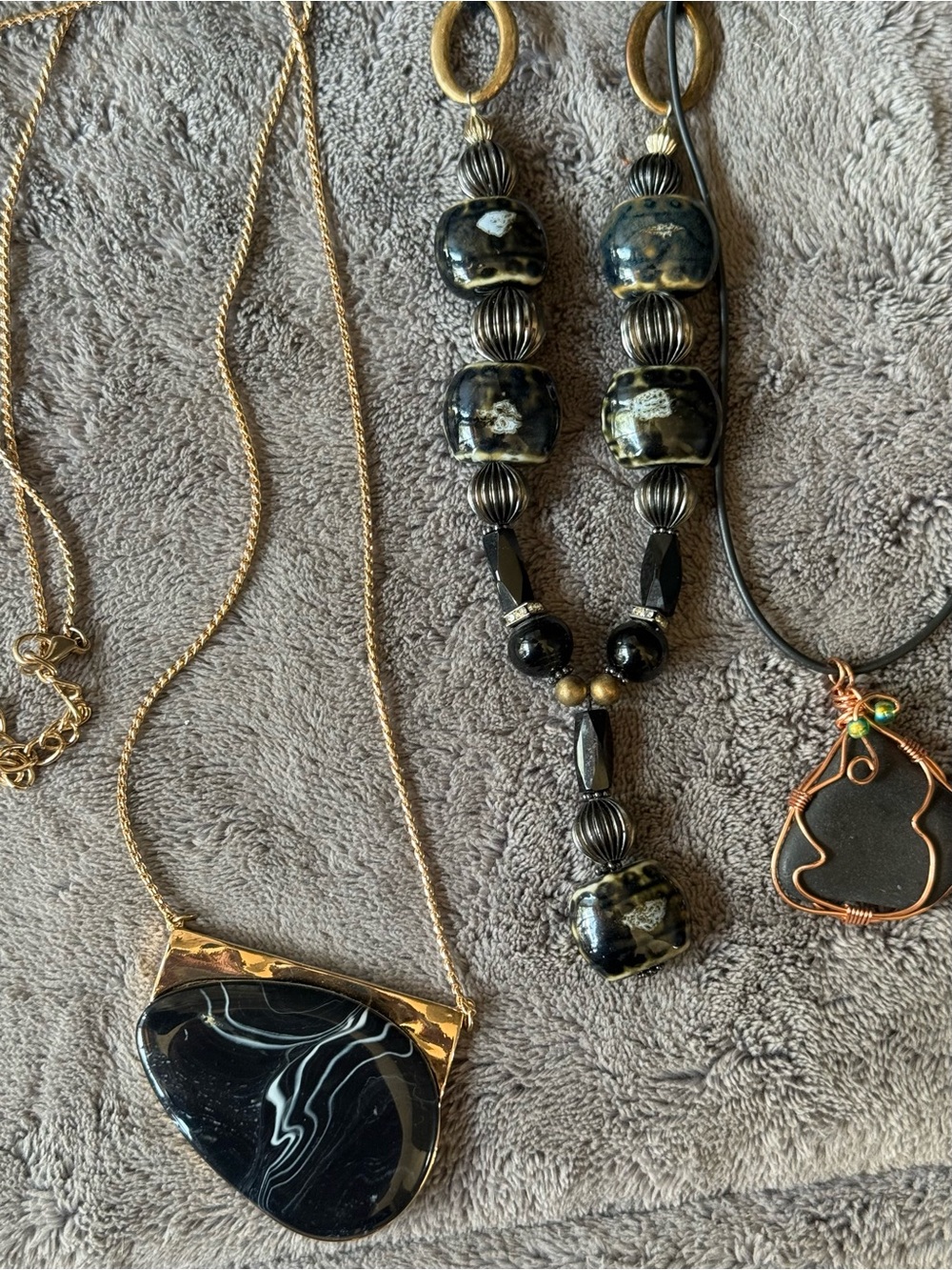 3 black, copper wrap and Goldtone stone, bead Statement Necklaces, Zara, Artisan